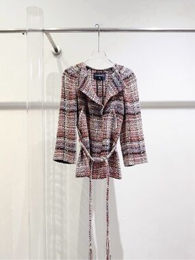 CHANEL Multicolored Tweed Belted Blazer in Pink, Cream & Black